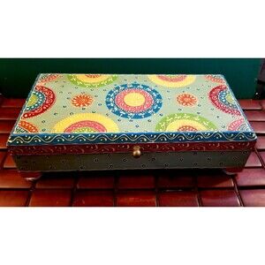 Bohemian Decorative Wooden Jewelry Box Floral Design Hand-Painted Flowers